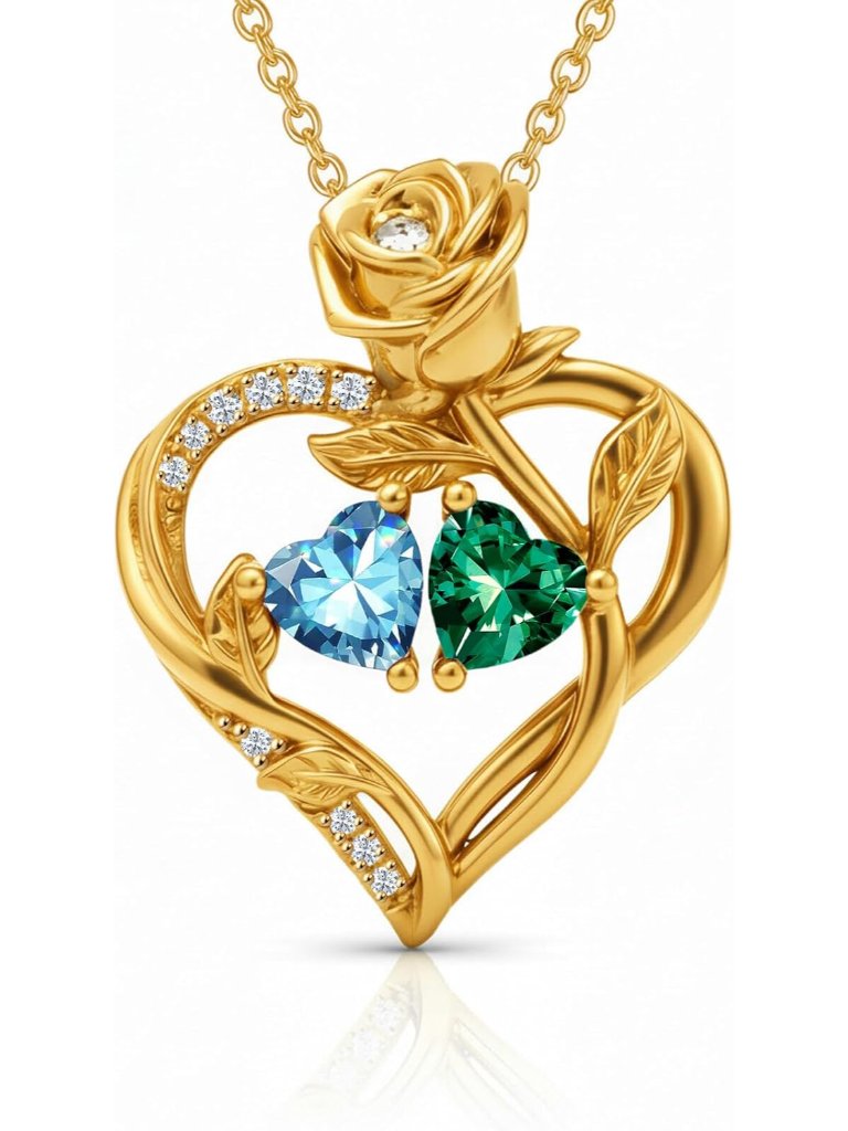 8k Gold Rose Heart Necklaces Double Birthstones Necklace For Mom Anniversary Bir